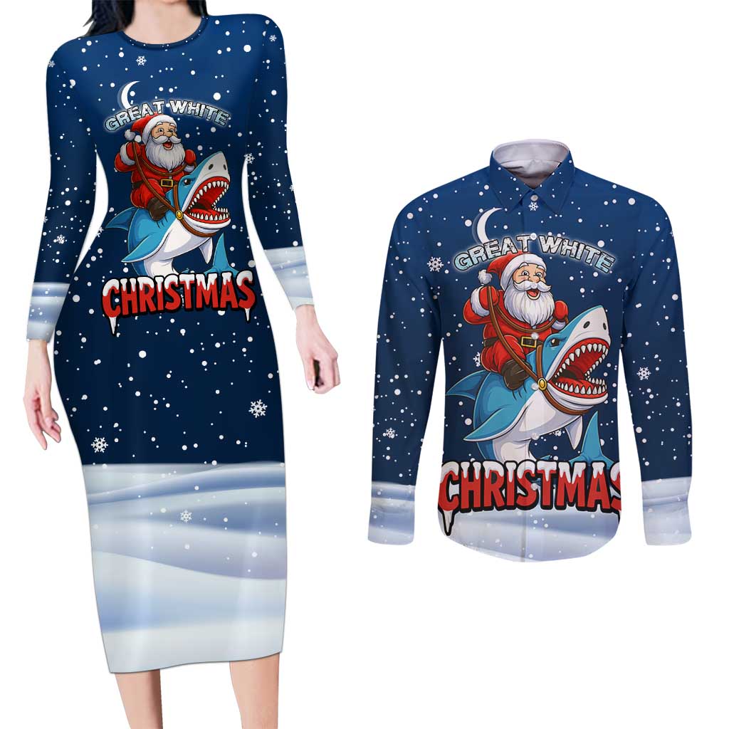 Great White Christmas Shark Christmas Couples Matching Long Sleeve Bodycon Dress and Long Sleeve Button Shirt Funny Xmas Holiday Patterns - Wonder Print Shop