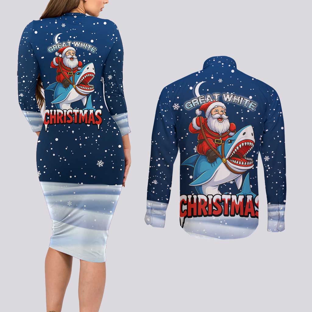 Great White Christmas Shark Christmas Couples Matching Long Sleeve Bodycon Dress and Long Sleeve Button Shirt Funny Xmas Holiday Patterns - Wonder Print Shop