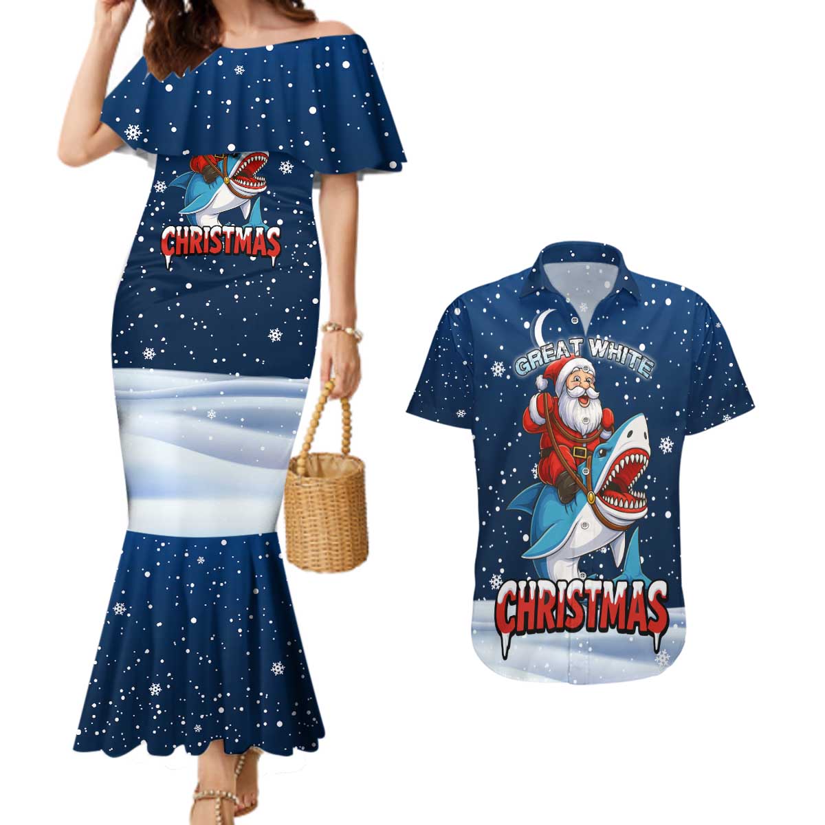Great White Christmas Shark Christmas Couples Matching Mermaid Dress and Hawaiian Shirt Funny Xmas Holiday Patterns - Wonder Print Shop
