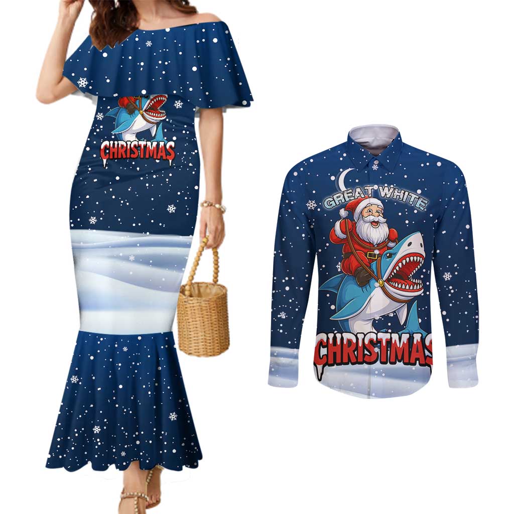 Great White Christmas Shark Christmas Couples Matching Mermaid Dress and Long Sleeve Button Shirt Funny Xmas Holiday Patterns - Wonder Print Shop