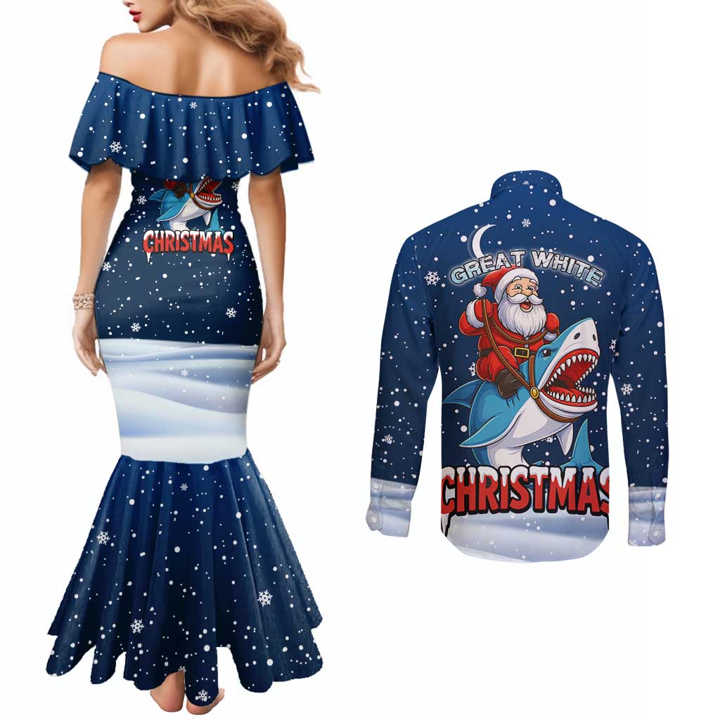 Great White Christmas Shark Christmas Couples Matching Mermaid Dress and Long Sleeve Button Shirt Funny Xmas Holiday Patterns - Wonder Print Shop