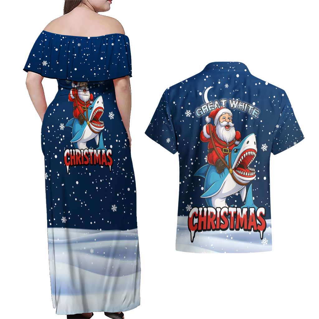 Great White Christmas Shark Christmas Couples Matching Off Shoulder Maxi Dress and Hawaiian Shirt Funny Xmas Holiday Patterns - Wonder Print Shop