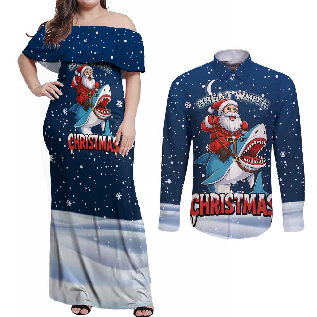 Great White Christmas Shark Christmas Couples Matching Off Shoulder Maxi Dress and Long Sleeve Button Shirt Funny Xmas Holiday Patterns - Wonder Print Shop