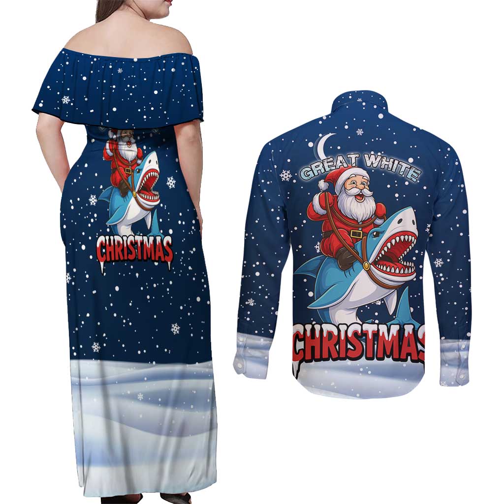 Great White Christmas Shark Christmas Couples Matching Off Shoulder Maxi Dress and Long Sleeve Button Shirt Funny Xmas Holiday Patterns - Wonder Print Shop