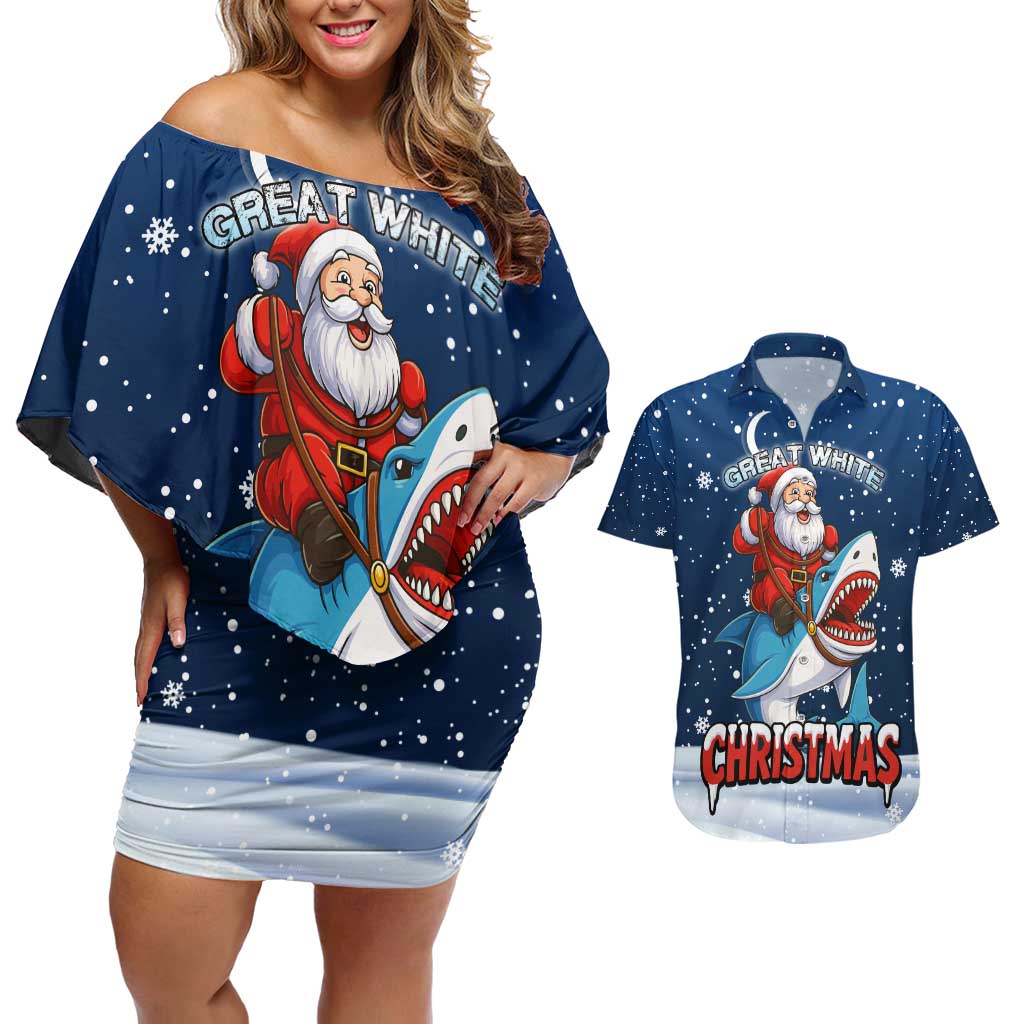 Great White Christmas Shark Christmas Couples Matching Off Shoulder Short Dress and Hawaiian Shirt Funny Xmas Holiday Patterns - Wonder Print Shop