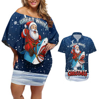 Great White Christmas Shark Christmas Couples Matching Off Shoulder Short Dress and Hawaiian Shirt Funny Xmas Holiday Patterns - Wonder Print Shop
