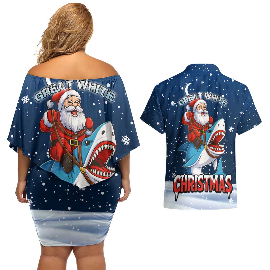 Great White Christmas Shark Christmas Couples Matching Off Shoulder Short Dress and Hawaiian Shirt Funny Xmas Holiday Patterns - Wonder Print Shop