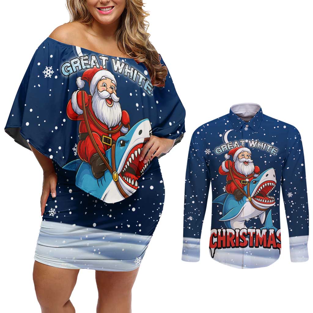 Great White Christmas Shark Christmas Couples Matching Off Shoulder Short Dress and Long Sleeve Button Shirt Funny Xmas Holiday Patterns - Wonder Print Shop
