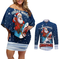 Great White Christmas Shark Christmas Couples Matching Off Shoulder Short Dress and Long Sleeve Button Shirt Funny Xmas Holiday Patterns - Wonder Print Shop