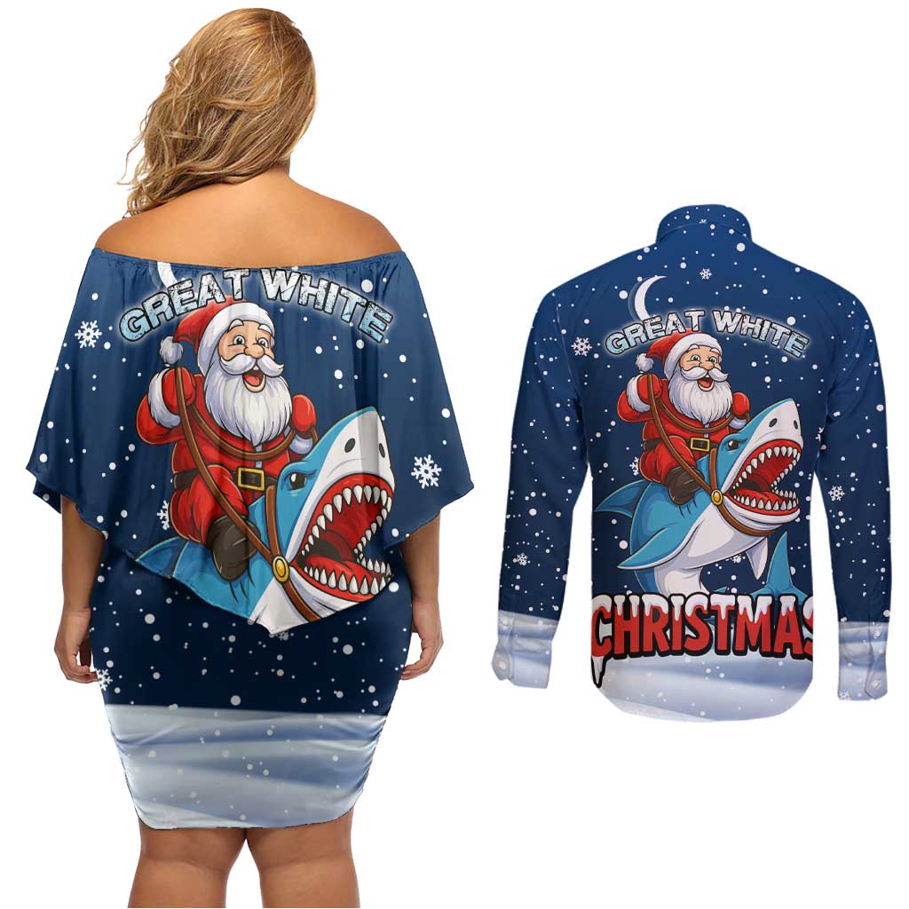 Great White Christmas Shark Christmas Couples Matching Off Shoulder Short Dress and Long Sleeve Button Shirt Funny Xmas Holiday Patterns - Wonder Print Shop