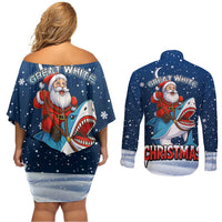 Great White Christmas Shark Christmas Couples Matching Off Shoulder Short Dress and Long Sleeve Button Shirt Funny Xmas Holiday Patterns - Wonder Print Shop