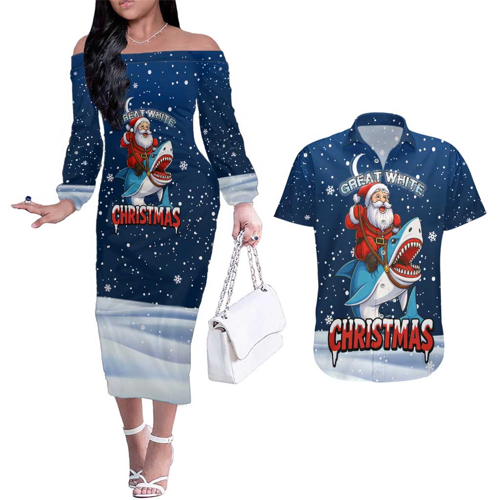 Great White Christmas Shark Christmas Couples Matching Off The Shoulder Long Sleeve Dress and Hawaiian Shirt Funny Xmas Holiday Patterns - Wonder Print Shop