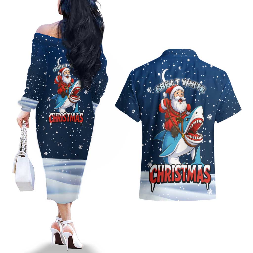 Great White Christmas Shark Christmas Couples Matching Off The Shoulder Long Sleeve Dress and Hawaiian Shirt Funny Xmas Holiday Patterns - Wonder Print Shop