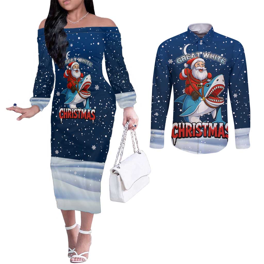 Great White Christmas Shark Christmas Couples Matching Off The Shoulder Long Sleeve Dress and Long Sleeve Button Shirt Funny Xmas Holiday Patterns - Wonder Print Shop