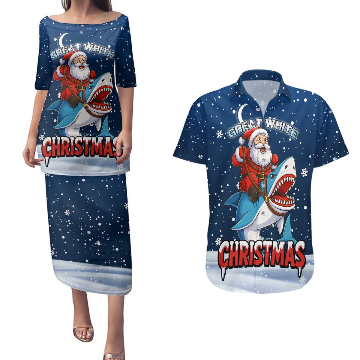 Great White Christmas Shark Christmas Couples Matching Puletasi and Hawaiian Shirt Funny Xmas Holiday Patterns - Wonder Print Shop