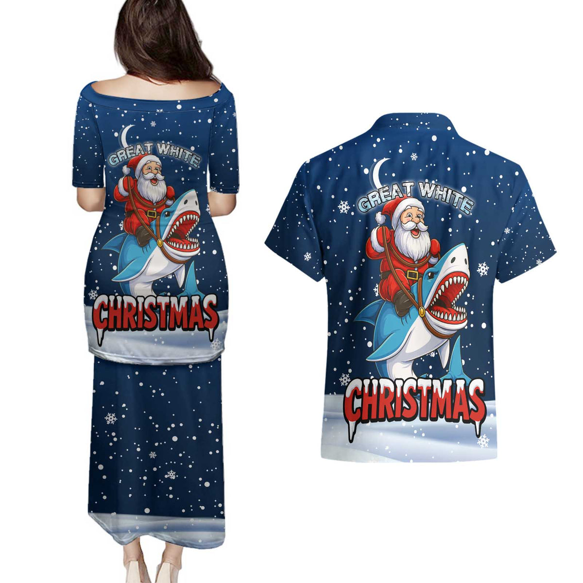 Great White Christmas Shark Christmas Couples Matching Puletasi and Hawaiian Shirt Funny Xmas Holiday Patterns - Wonder Print Shop