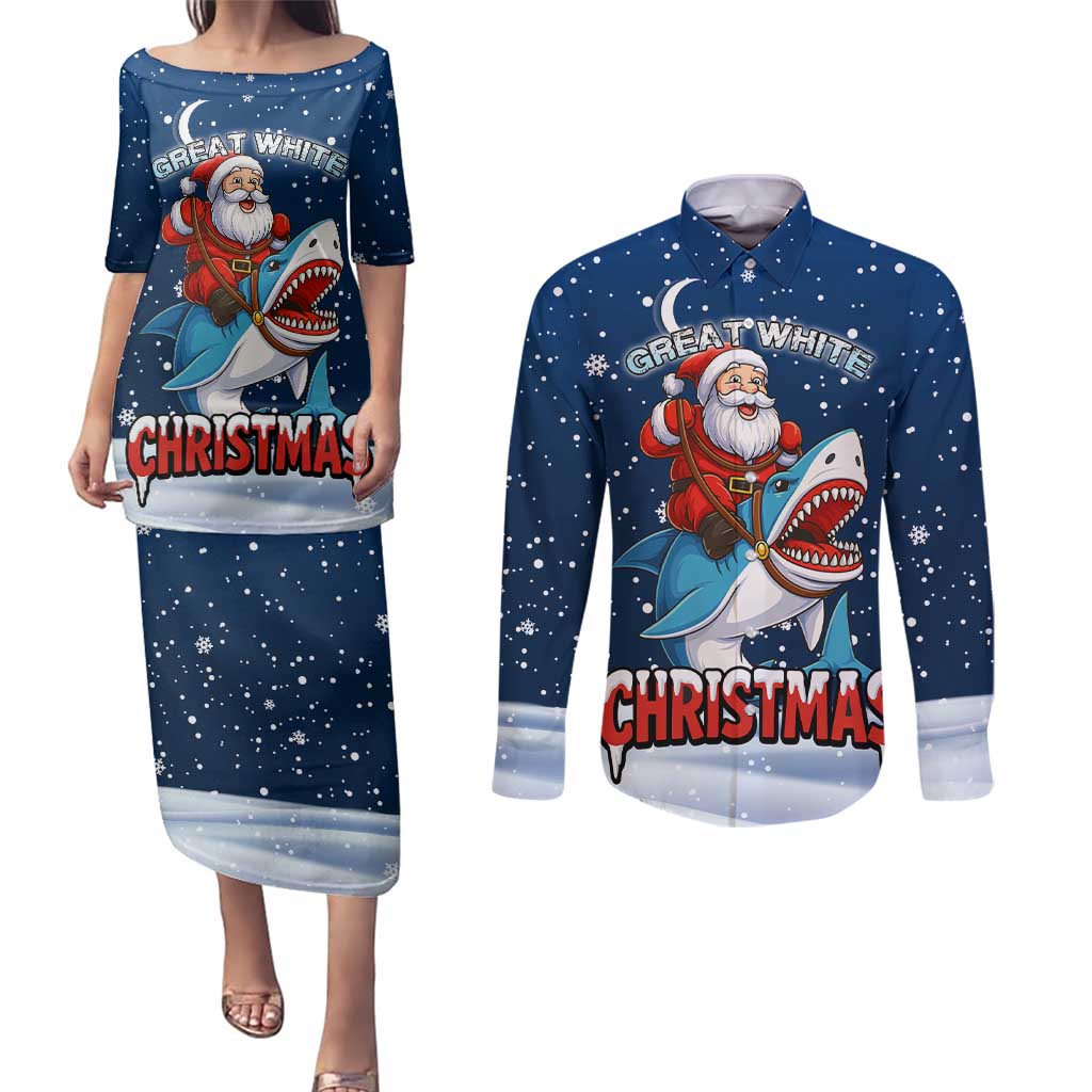 Great White Christmas Shark Christmas Couples Matching Puletasi and Long Sleeve Button Shirt Funny Xmas Holiday Patterns - Wonder Print Shop