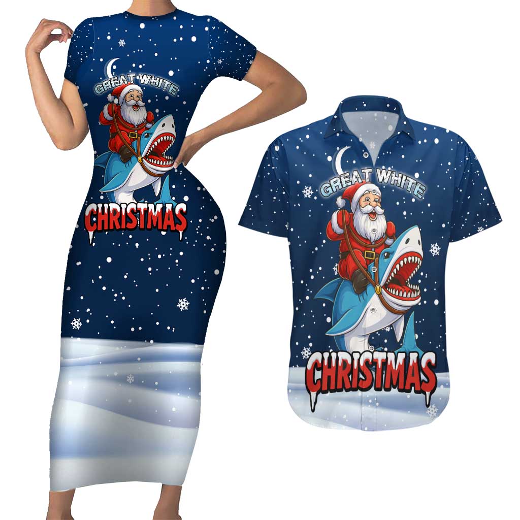 Great White Christmas Shark Christmas Couples Matching Short Sleeve Bodycon Dress and Hawaiian Shirt Funny Xmas Holiday Patterns - Wonder Print Shop