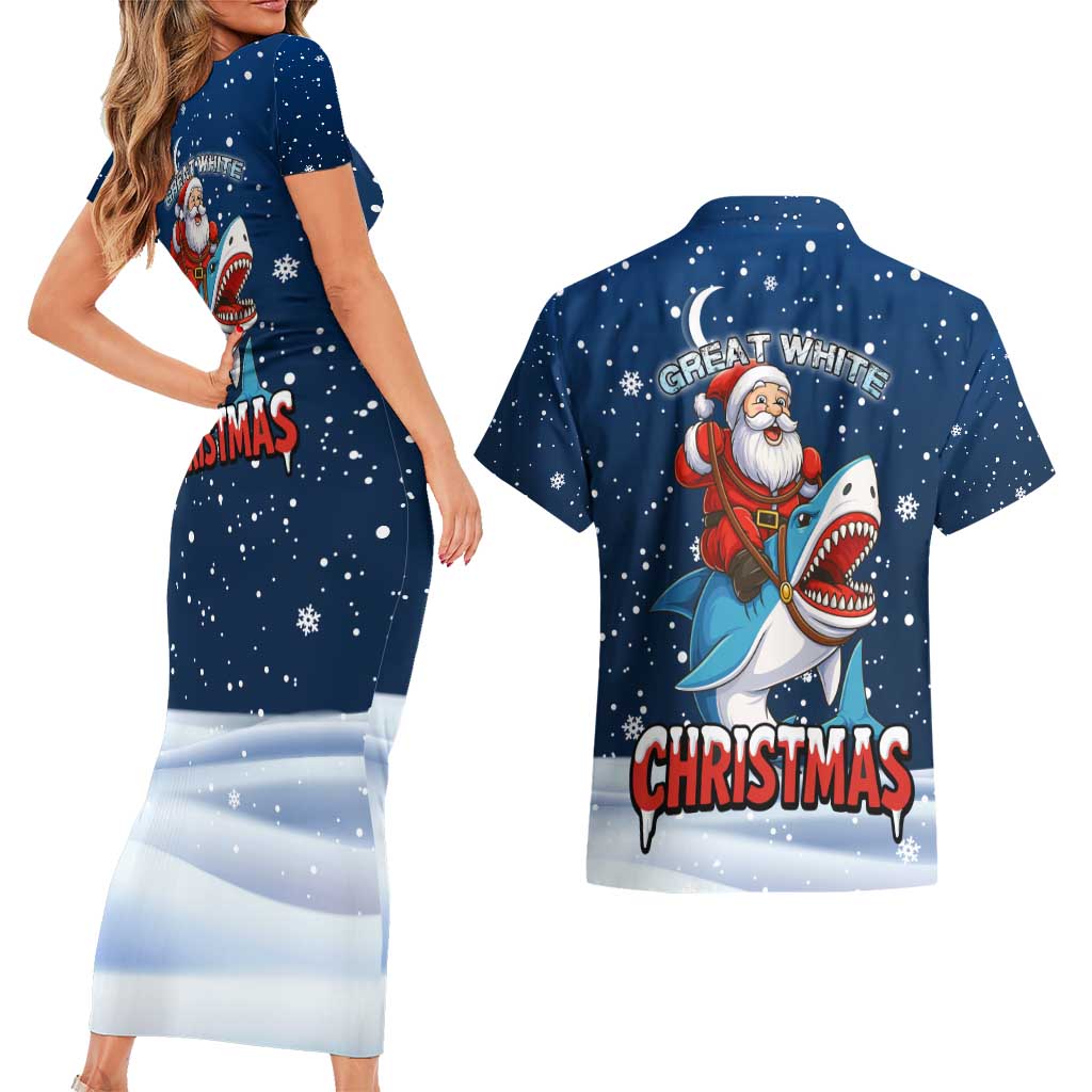 Great White Christmas Shark Christmas Couples Matching Short Sleeve Bodycon Dress and Hawaiian Shirt Funny Xmas Holiday Patterns - Wonder Print Shop