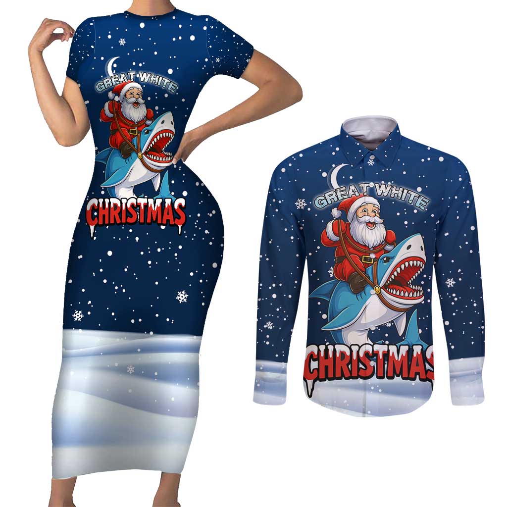 Great White Christmas Shark Christmas Couples Matching Short Sleeve Bodycon Dress and Long Sleeve Button Shirt Funny Xmas Holiday Patterns - Wonder Print Shop