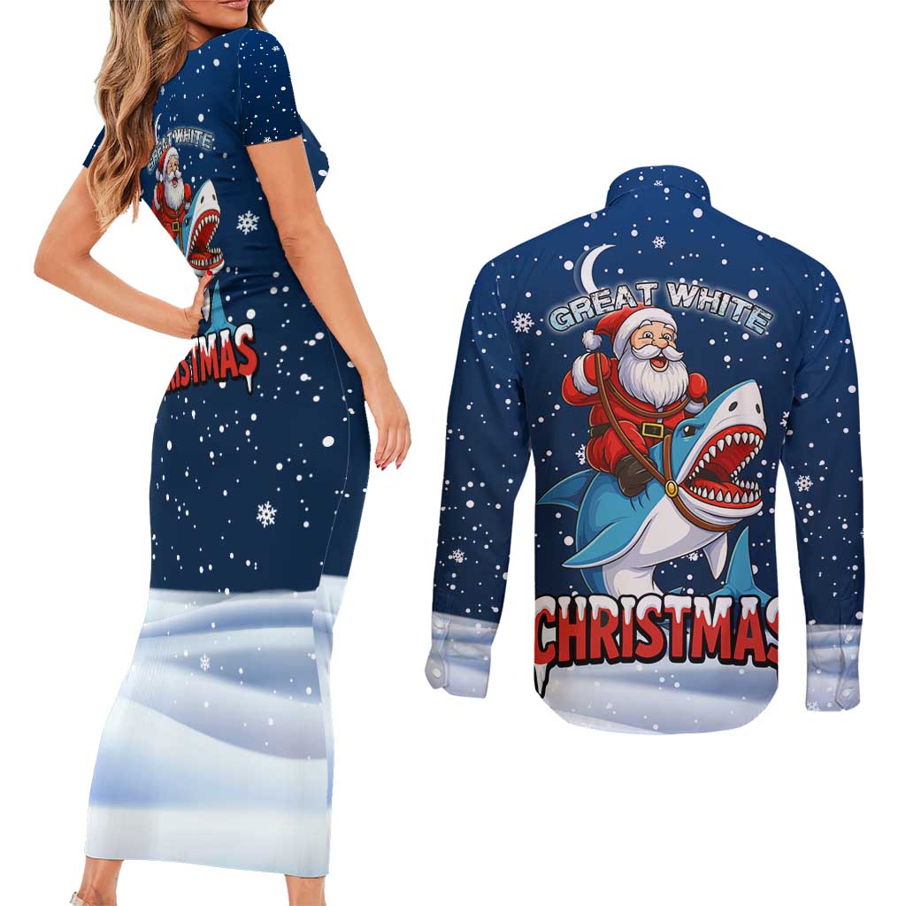 Great White Christmas Shark Christmas Couples Matching Short Sleeve Bodycon Dress and Long Sleeve Button Shirt Funny Xmas Holiday Patterns - Wonder Print Shop