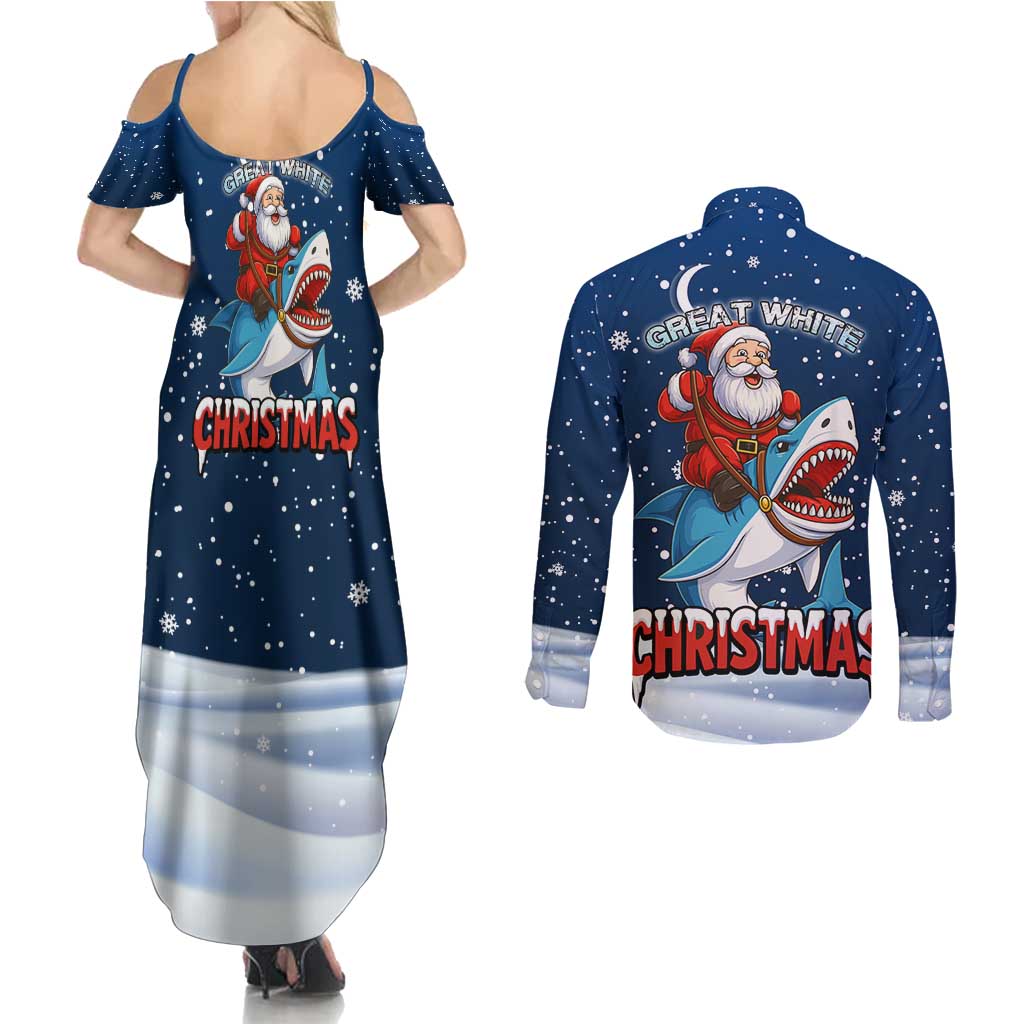 Great White Christmas Shark Christmas Couples Matching Summer Maxi Dress and Long Sleeve Button Shirt Funny Xmas Holiday Patterns - Wonder Print Shop