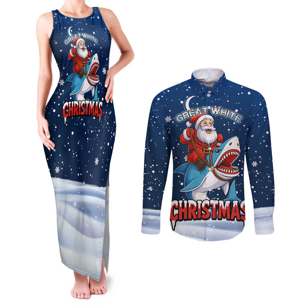 Great White Christmas Shark Christmas Couples Matching Tank Maxi Dress and Long Sleeve Button Shirt Funny Xmas Holiday Patterns - Wonder Print Shop
