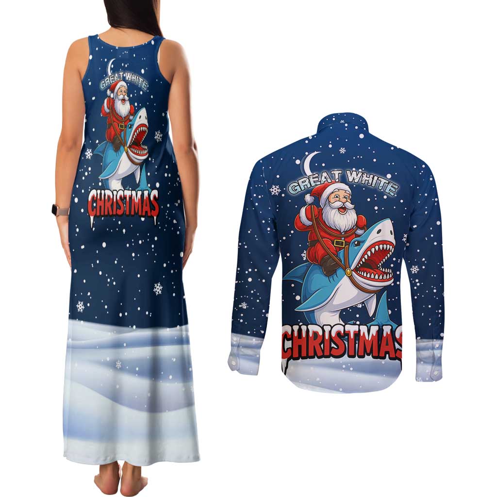 Great White Christmas Shark Christmas Couples Matching Tank Maxi Dress and Long Sleeve Button Shirt Funny Xmas Holiday Patterns - Wonder Print Shop