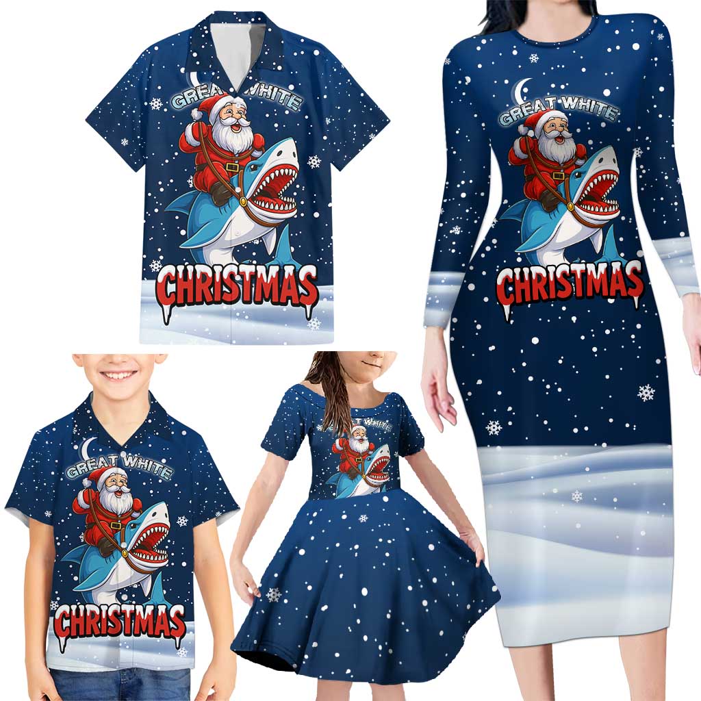 Great White Christmas Shark Christmas Family Matching Long Sleeve Bodycon Dress and Hawaiian Shirt Funny Xmas Holiday Patterns - Wonder Print Shop