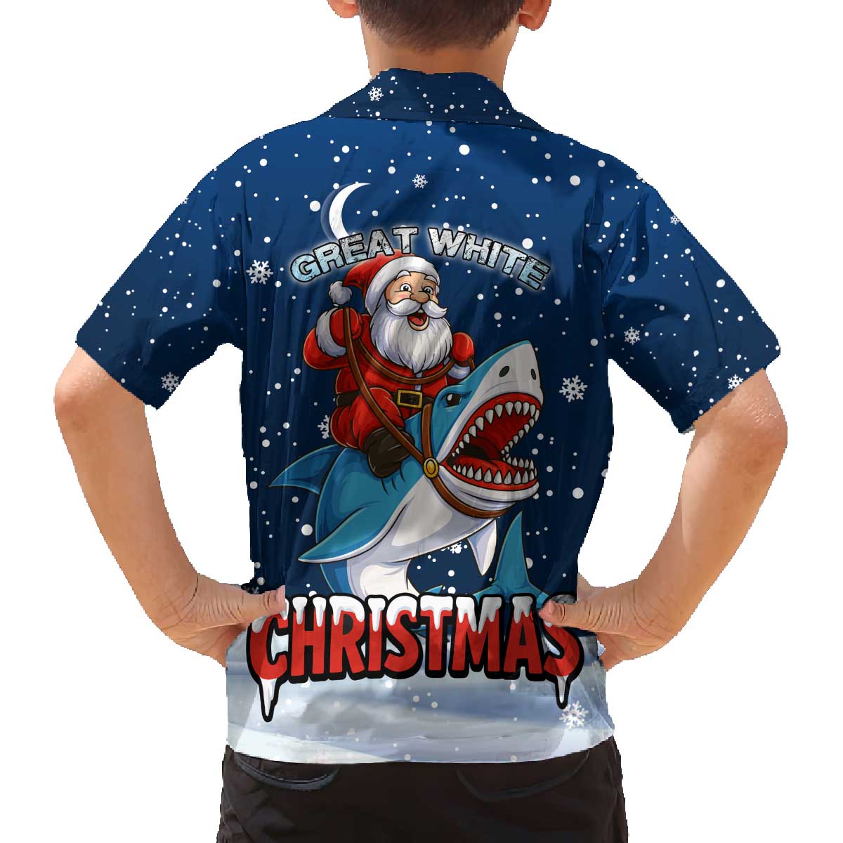 Great White Christmas Shark Christmas Family Matching Off The Shoulder Long Sleeve Dress and Hawaiian Shirt Funny Xmas Holiday Patterns - Wonder Print Shop