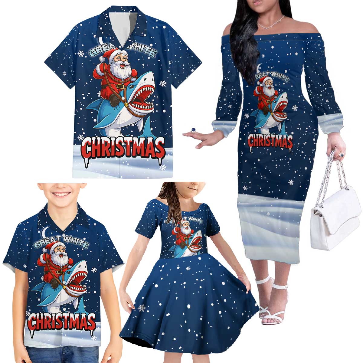 Great White Christmas Shark Christmas Family Matching Off The Shoulder Long Sleeve Dress and Hawaiian Shirt Funny Xmas Holiday Patterns - Wonder Print Shop