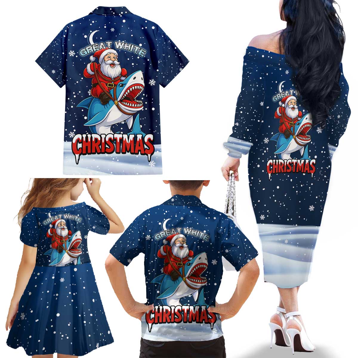 Great White Christmas Shark Christmas Family Matching Off The Shoulder Long Sleeve Dress and Hawaiian Shirt Funny Xmas Holiday Patterns - Wonder Print Shop