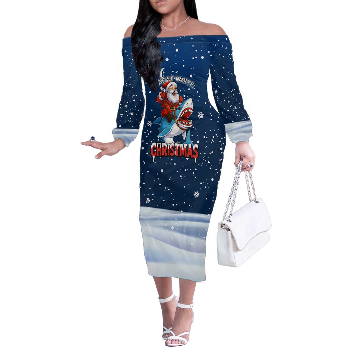Great White Christmas Shark Christmas Family Matching Off The Shoulder Long Sleeve Dress and Hawaiian Shirt Funny Xmas Holiday Patterns - Wonder Print Shop