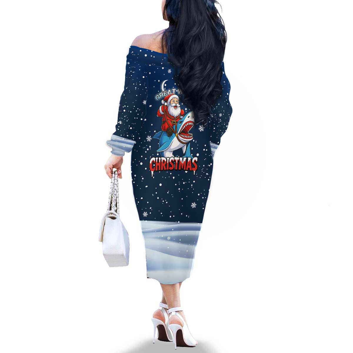 Great White Christmas Shark Christmas Family Matching Off The Shoulder Long Sleeve Dress and Hawaiian Shirt Funny Xmas Holiday Patterns - Wonder Print Shop