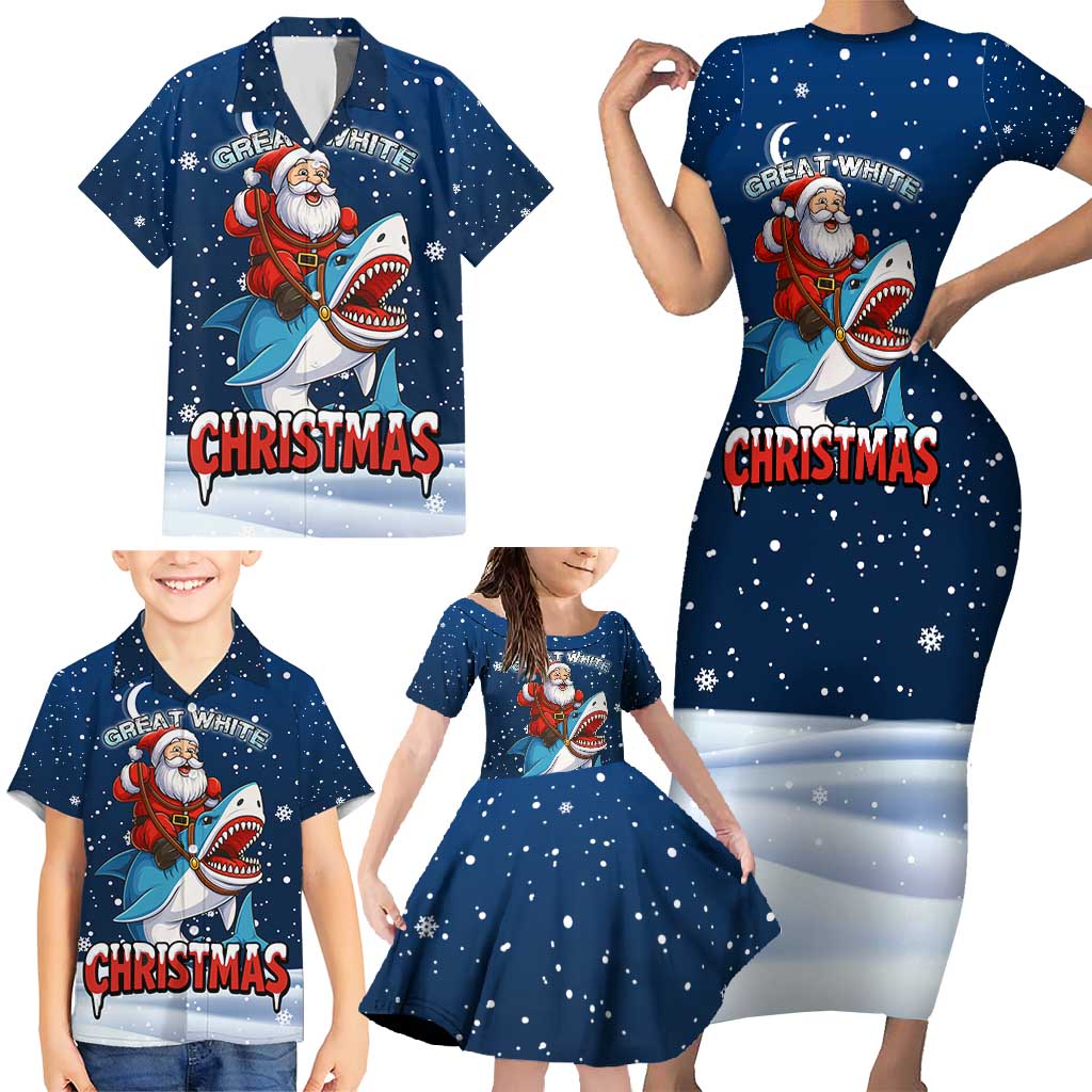 Great White Christmas Shark Christmas Family Matching Short Sleeve Bodycon Dress and Hawaiian Shirt Funny Xmas Holiday Patterns - Wonder Print Shop