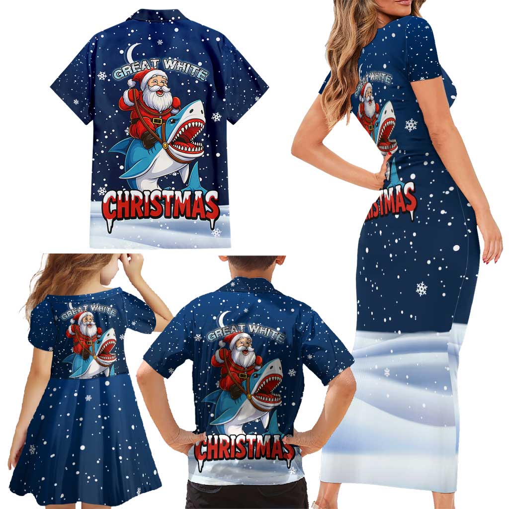Great White Christmas Shark Christmas Family Matching Short Sleeve Bodycon Dress and Hawaiian Shirt Funny Xmas Holiday Patterns - Wonder Print Shop