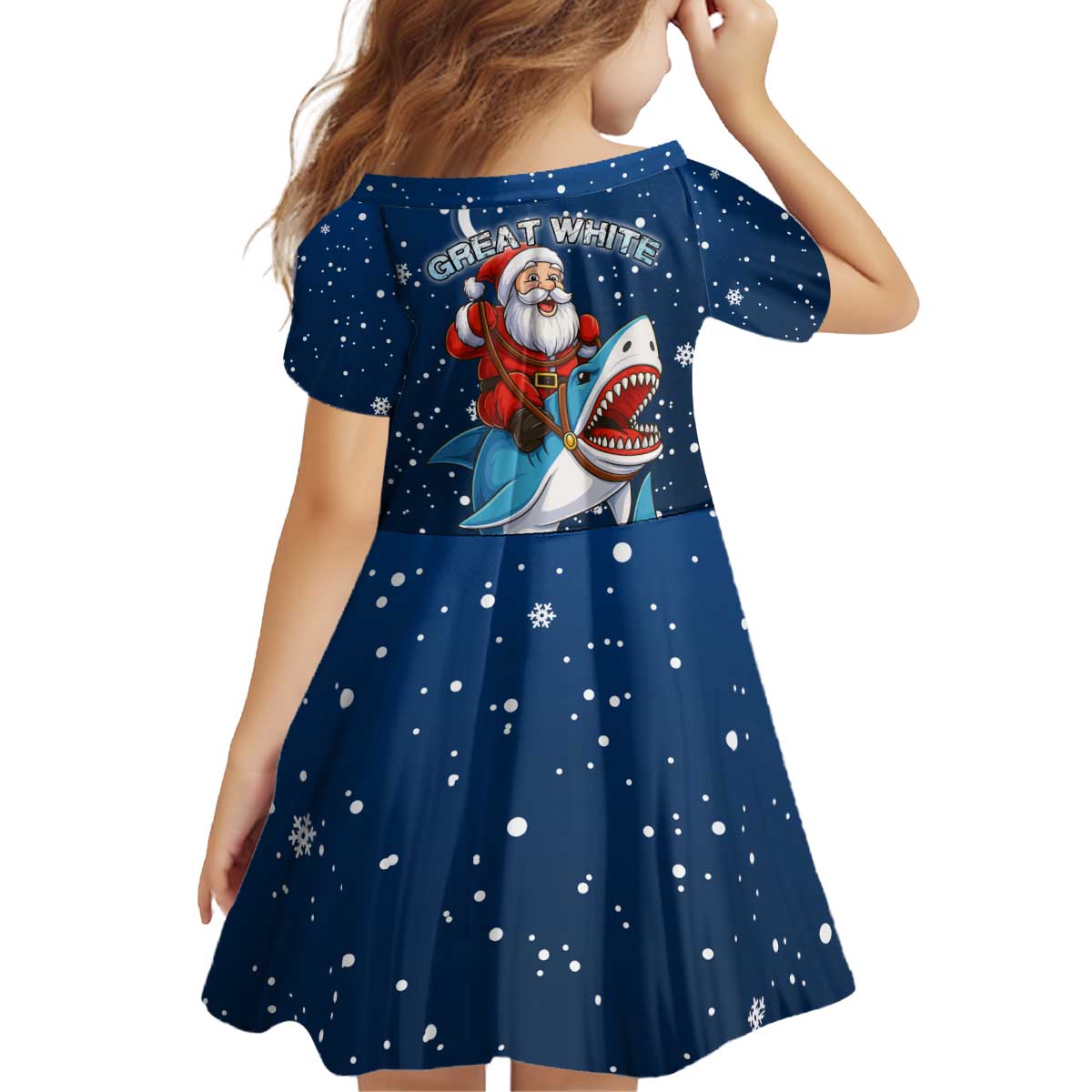 Great White Christmas Shark Christmas Kid Short Sleeve Dress Funny Xmas Holiday Patterns - Wonder Print Shop
