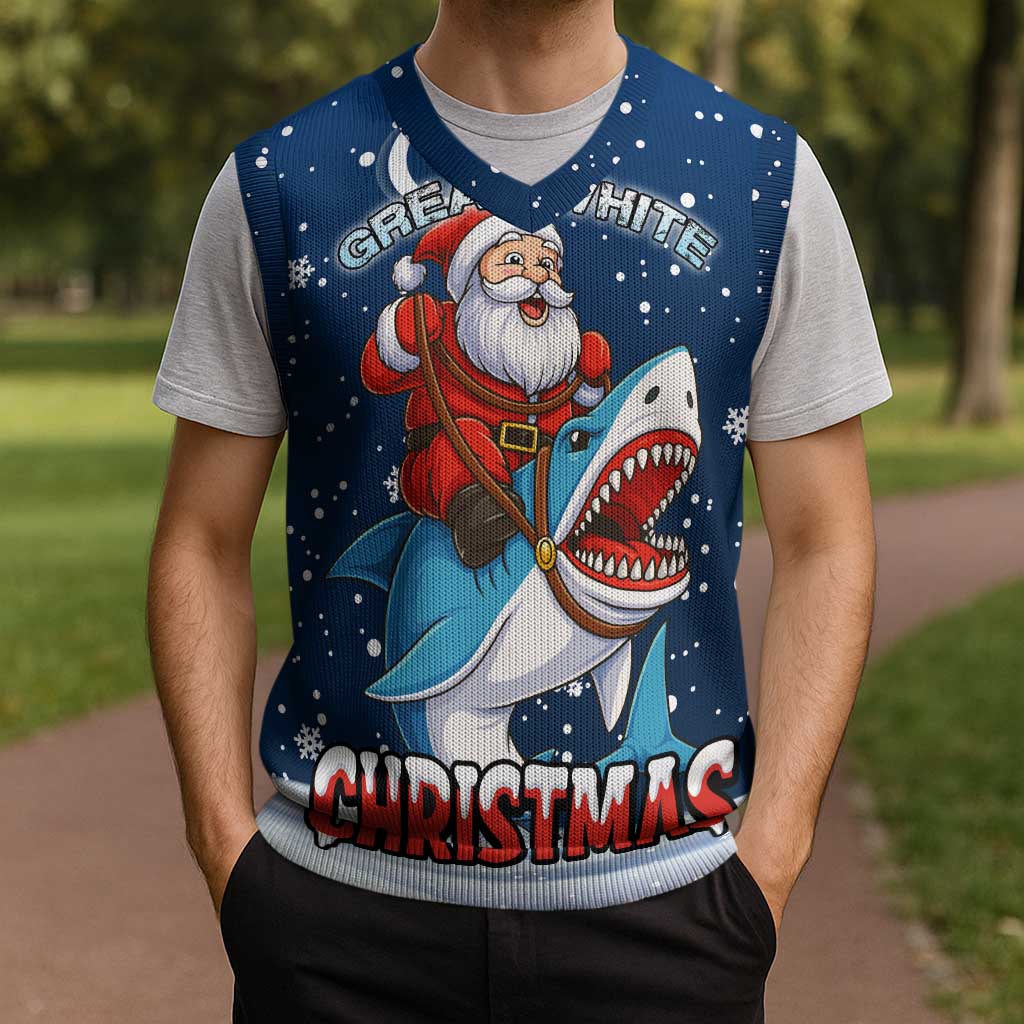 Great White Christmas Shark Christmas Knitted V-Neck Vest Funny Xmas Holiday Patterns - Wonder Print Shop