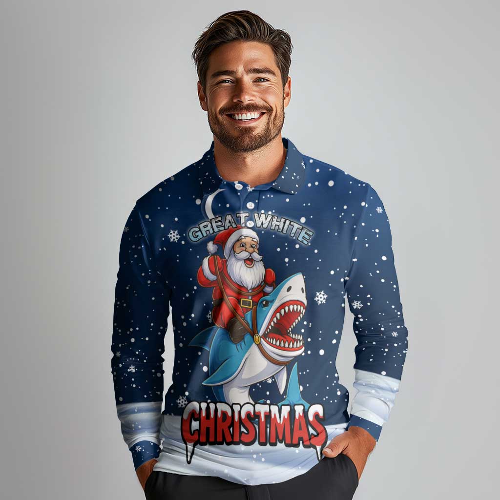 Great White Christmas Shark Christmas Long Sleeve Polo Shirt Funny Xmas Holiday Patterns - Wonder Print Shop