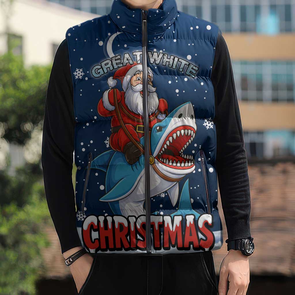 Great White Christmas Shark Christmas Sleeveless Puffer Jacket Funny Xmas Holiday Patterns - Wonder Print Shop