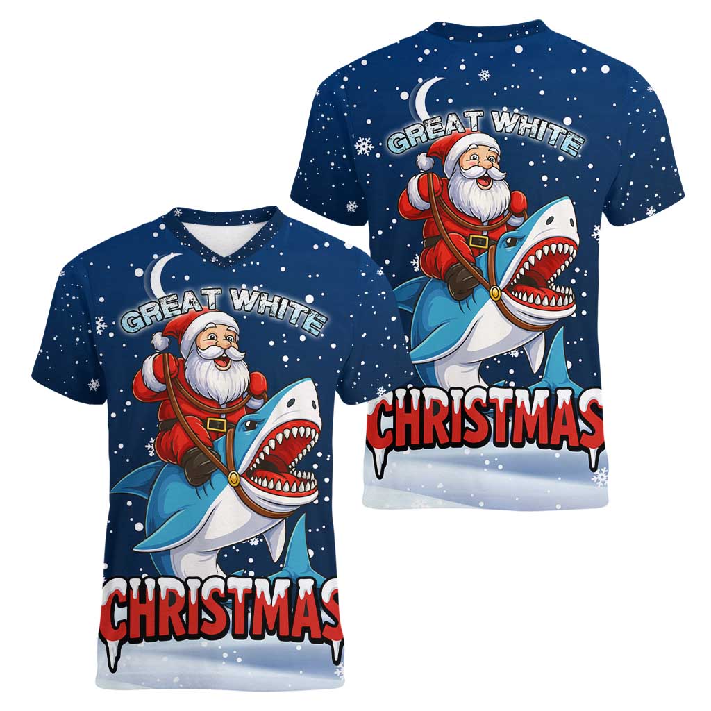 Great White Christmas Shark Christmas Women V-Neck T-Shirt Funny Xmas Holiday Patterns - Wonder Print Shop