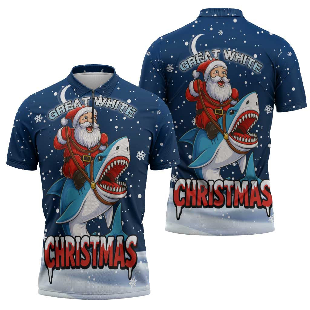 Great White Christmas Shark Christmas Zipper Polo Shirt Funny Xmas Holiday Patterns - Wonder Print Shop