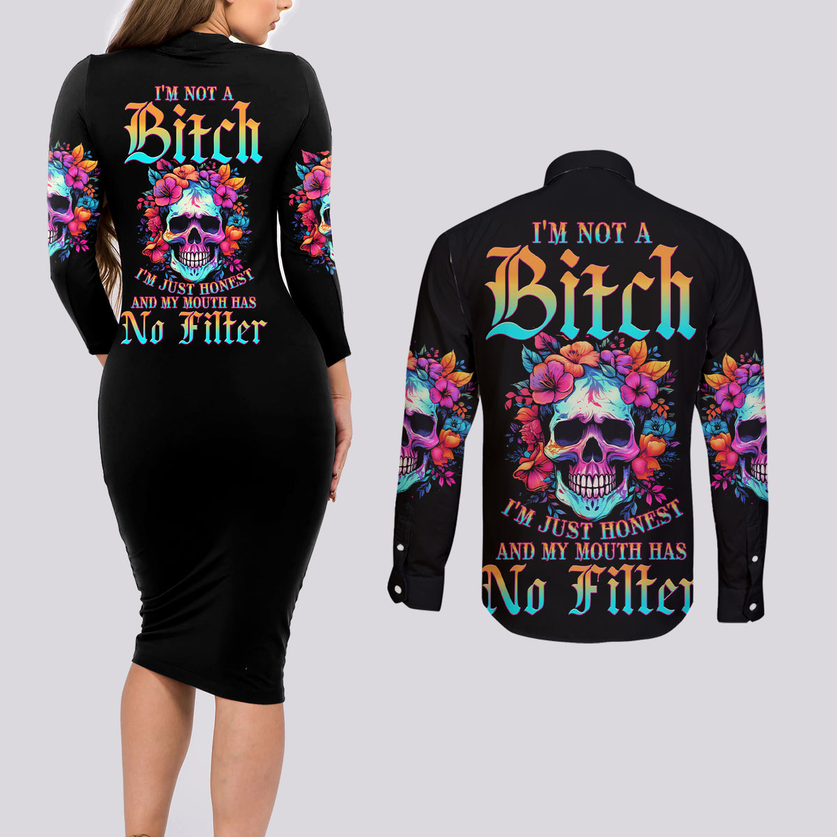 I'm Not A B I'm Just Honest Skull Roses Colorful Couples Matching Long Sleeve Bodycon Dress and Long Sleeve Button Shirt - Wonder Print Shop