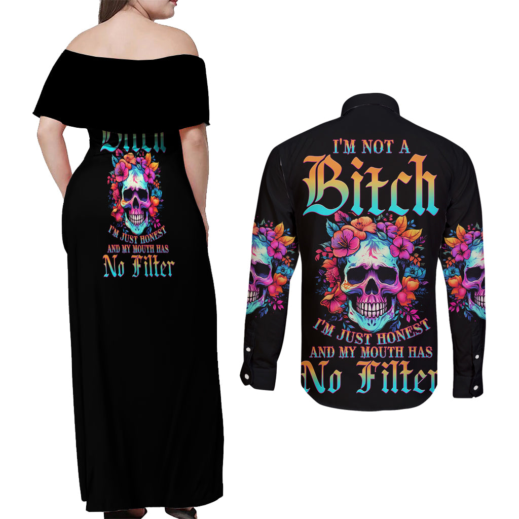 I'm Not A B I'm Just Honest Skull Roses Colorful Couples Matching Off Shoulder Maxi Dress and Long Sleeve Button Shirt - Wonder Print Shop