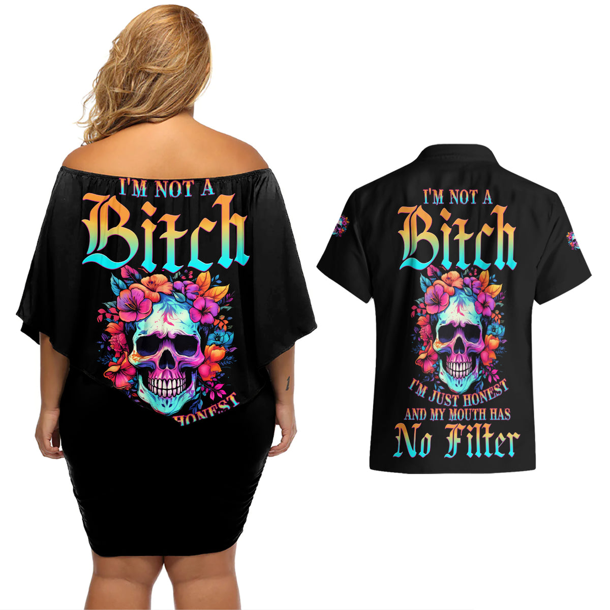 I'm Not A B I'm Just Honest Skull Roses Colorful Couples Matching Off Shoulder Short Dress and Hawaiian Shirt - Wonder Print Shop