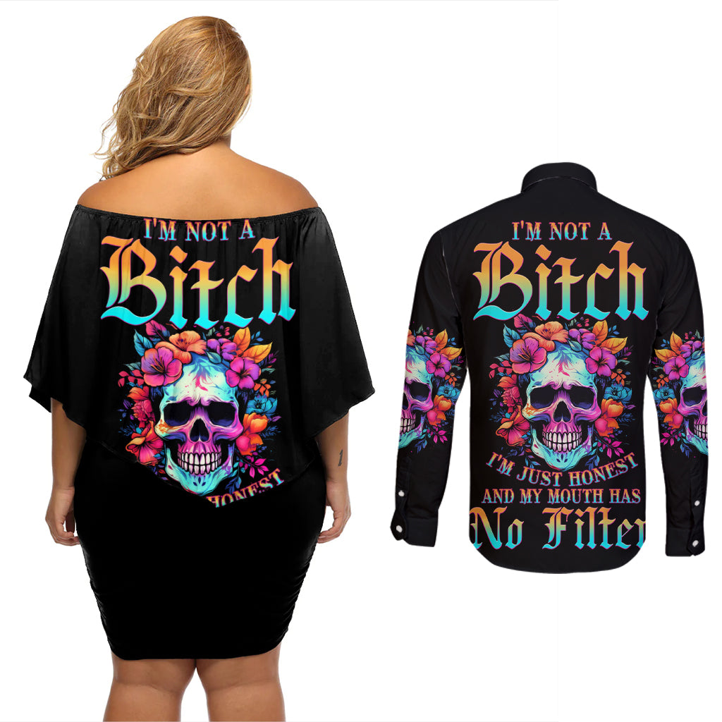 I'm Not A B I'm Just Honest Skull Roses Colorful Couples Matching Off Shoulder Short Dress and Long Sleeve Button Shirt - Wonder Print Shop