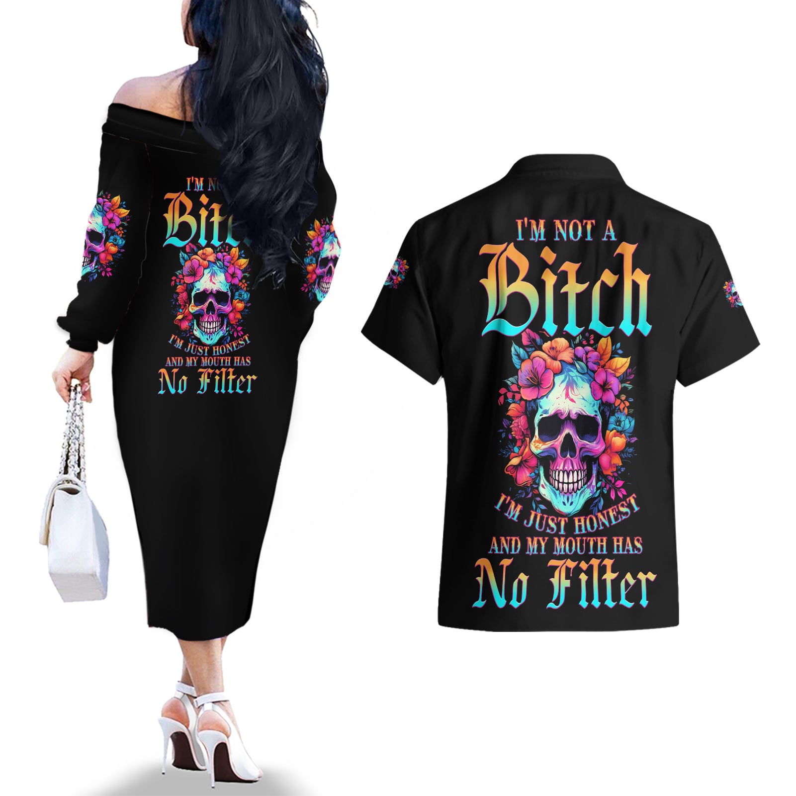 I'm Not A B I'm Just Honest Skull Roses Colorful Couples Matching Off The Shoulder Long Sleeve Dress and Hawaiian Shirt - Wonder Print Shop