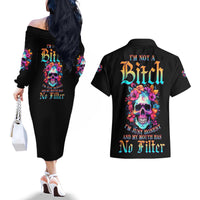 I'm Not A B I'm Just Honest Skull Roses Colorful Couples Matching Off The Shoulder Long Sleeve Dress and Hawaiian Shirt - Wonder Print Shop