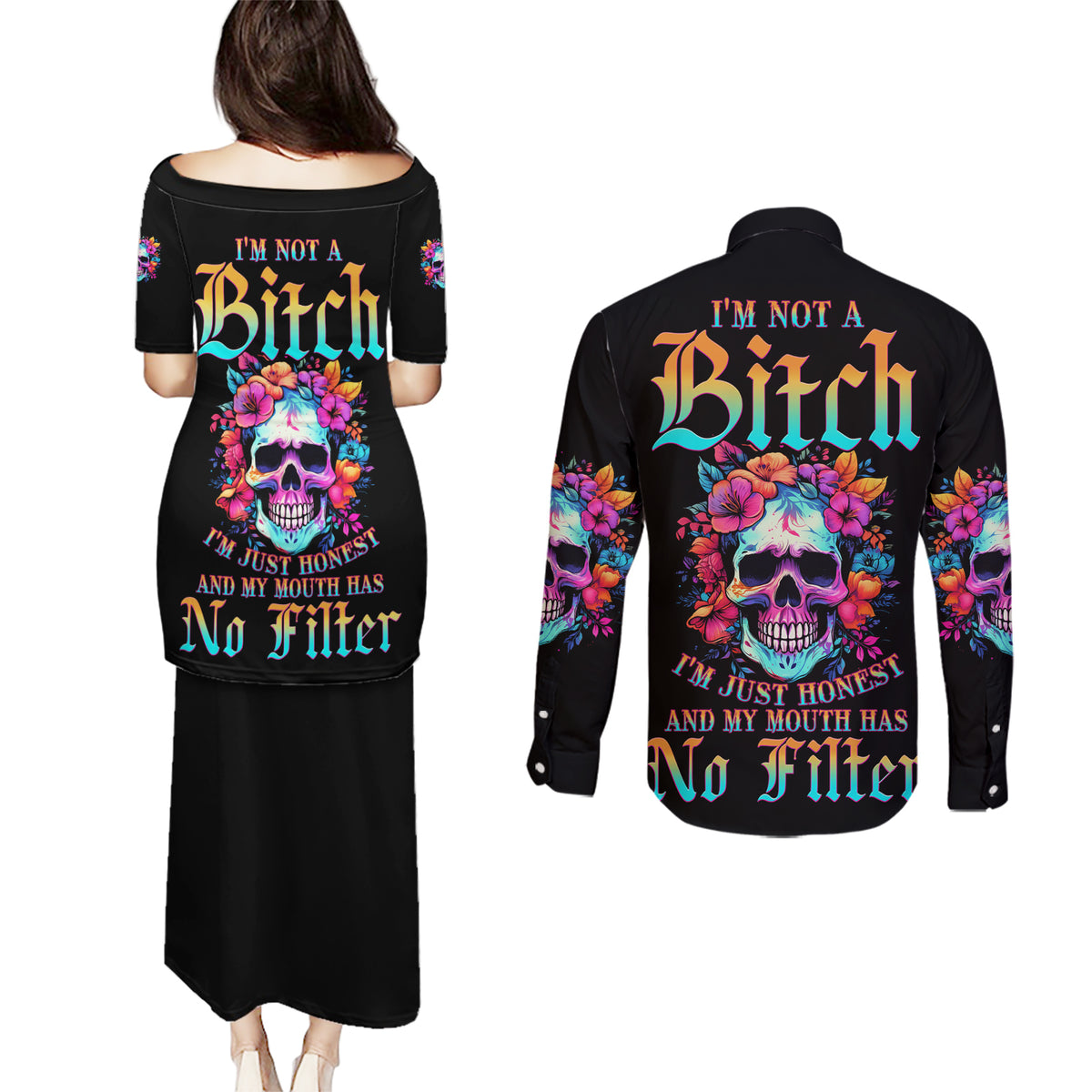 I'm Not A B I'm Just Honest Skull Roses Colorful Couples Matching Puletasi Dress and Long Sleeve Button Shirt - Wonder Print Shop
