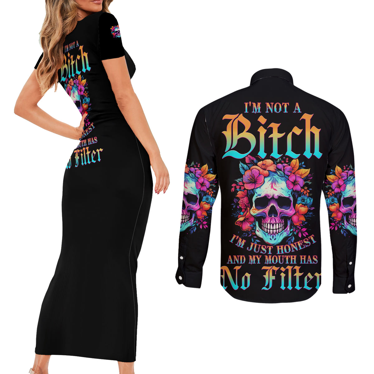 I'm Not A B I'm Just Honest Skull Roses Colorful Couples Matching Short Sleeve Bodycon Dress and Long Sleeve Button Shirt - Wonder Print Shop